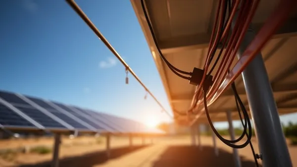 Cabos solares PV1-F em rolos sobre telhado com módulos fotovoltaicos ao fundo