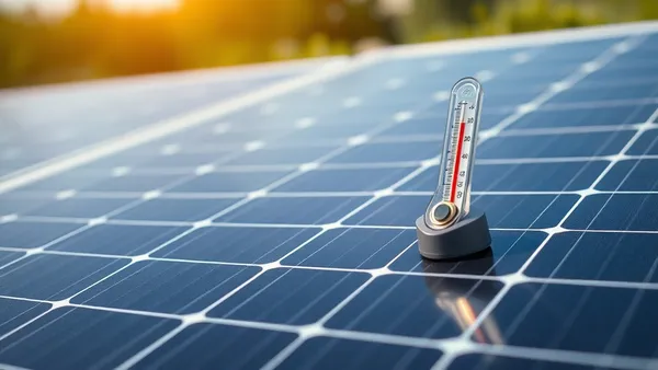 Módulo solar fotovoltaico em telhado inclinado sob sol forte, com medição de temperatura na superfície do painel