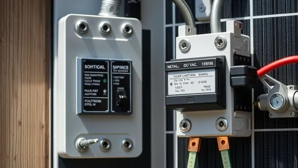 Disjuntor CC e seccionadora instalados em trilho DIN dentro de quadro elétrico de sistema fotovoltaico