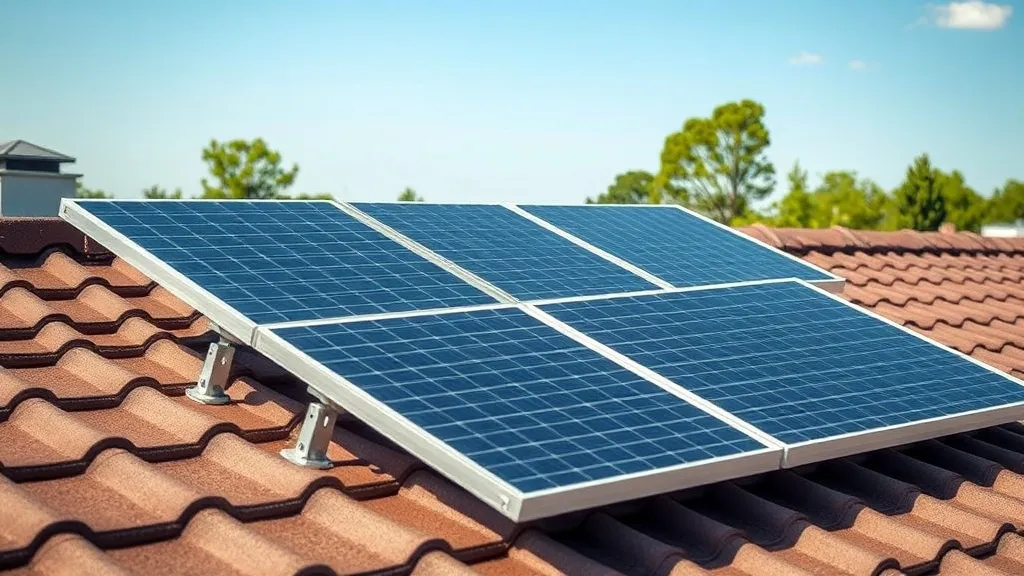 Estrutura de fixação de alumínio com trilhos e grampos instalada sobre telhado cerâmico com módulos solares
