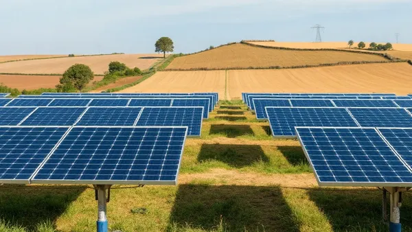 Fileiras de painéis solares fotovoltaicos montados sobre estrutura metálica fixada diretamente no solo, em terreno aberto