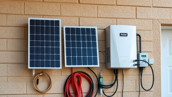 Inversor solar fotovoltaico instalado em parede branca de garagem residencial ao lado de quadro elétrico