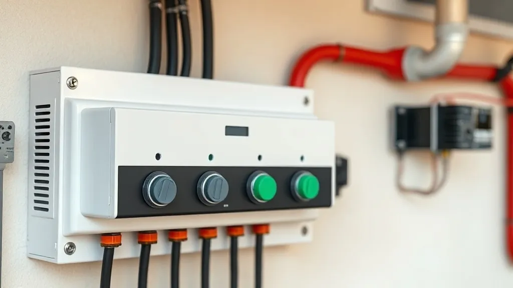 Inversor solar instalado em parede ao lado de quadro elétrico trifásico com cabeamento organizado