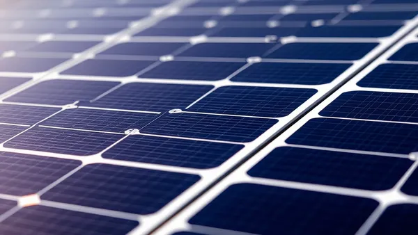 Close de células fotovoltaicas monocristalinas com barramentos metálicos em módulo solar