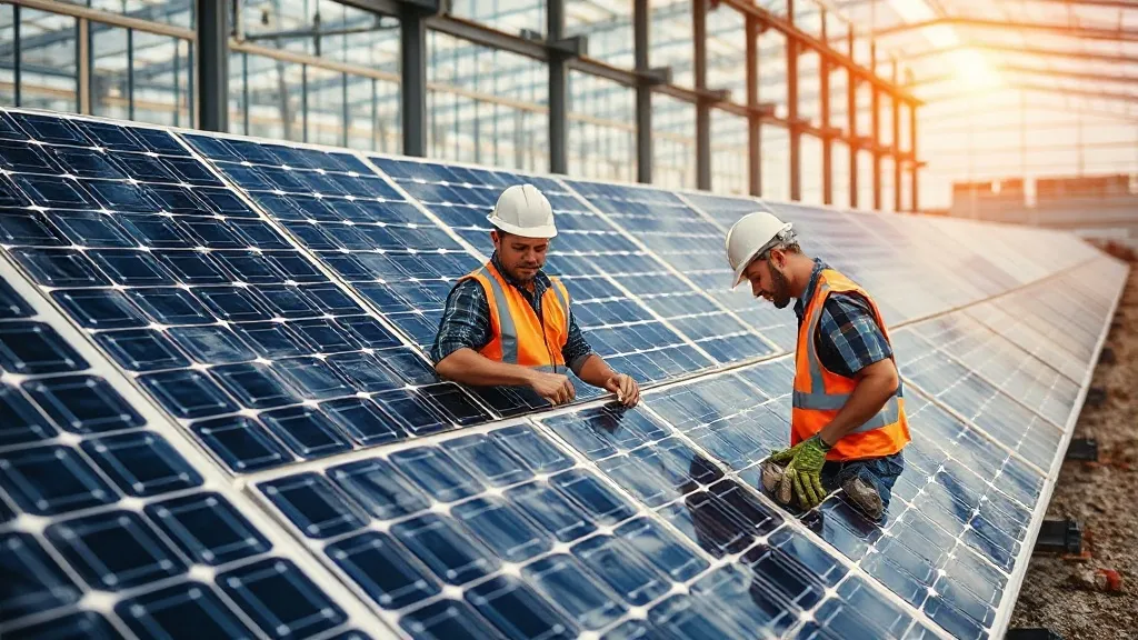 Módulos fotovoltaicos danificados empilhados em galpão de reciclagem industrial