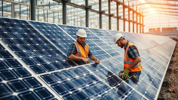 Módulos fotovoltaicos danificados empilhados em galpão de reciclagem industrial