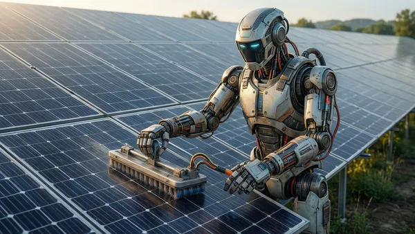 Robô automático limpando fileiras de painéis solares em usina de solo