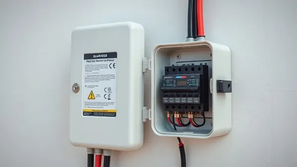 String box CC de sistema solar fotovoltaico aberta mostrando disjuntor DC, DPS e fusíveis no padrão NBR 16690