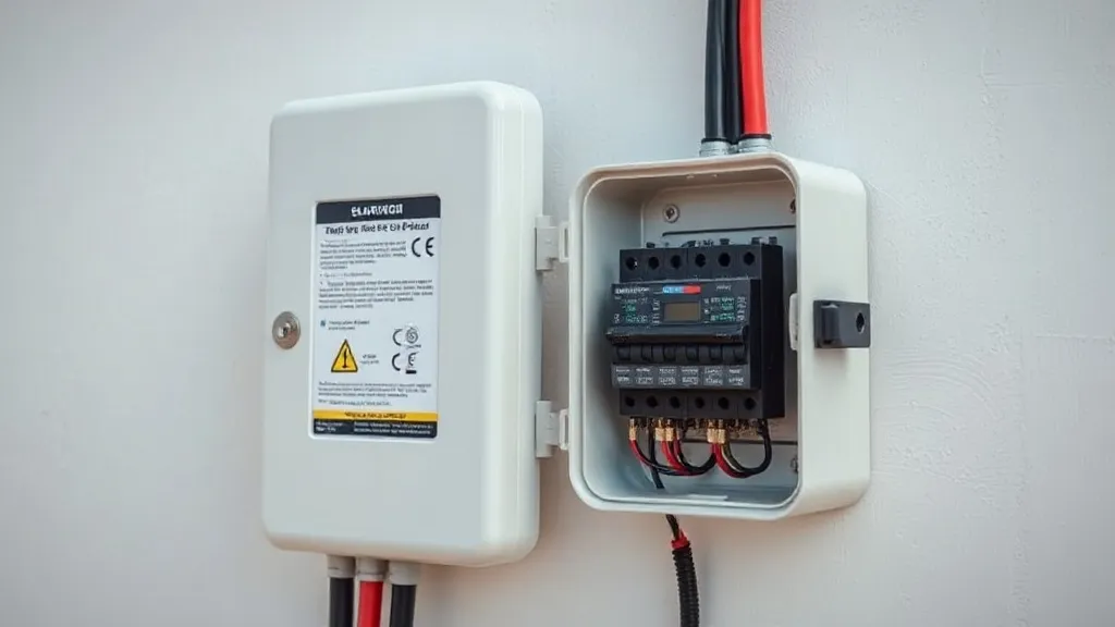 String box CC de sistema solar fotovoltaico aberta mostrando disjuntor DC, DPS e fusíveis no padrão NBR 16690
