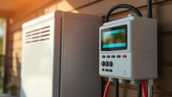 Inversor solar fotovoltaico instalado em parede externa de alvenaria com dissipadores de calor visíveis e termômetro próximo