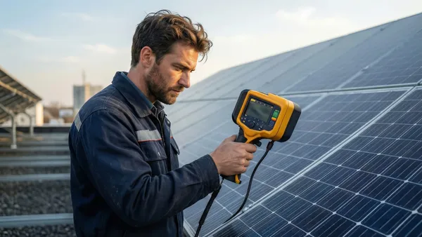 Técnico inspecionando painéis solares no telhado com câmera termográfica