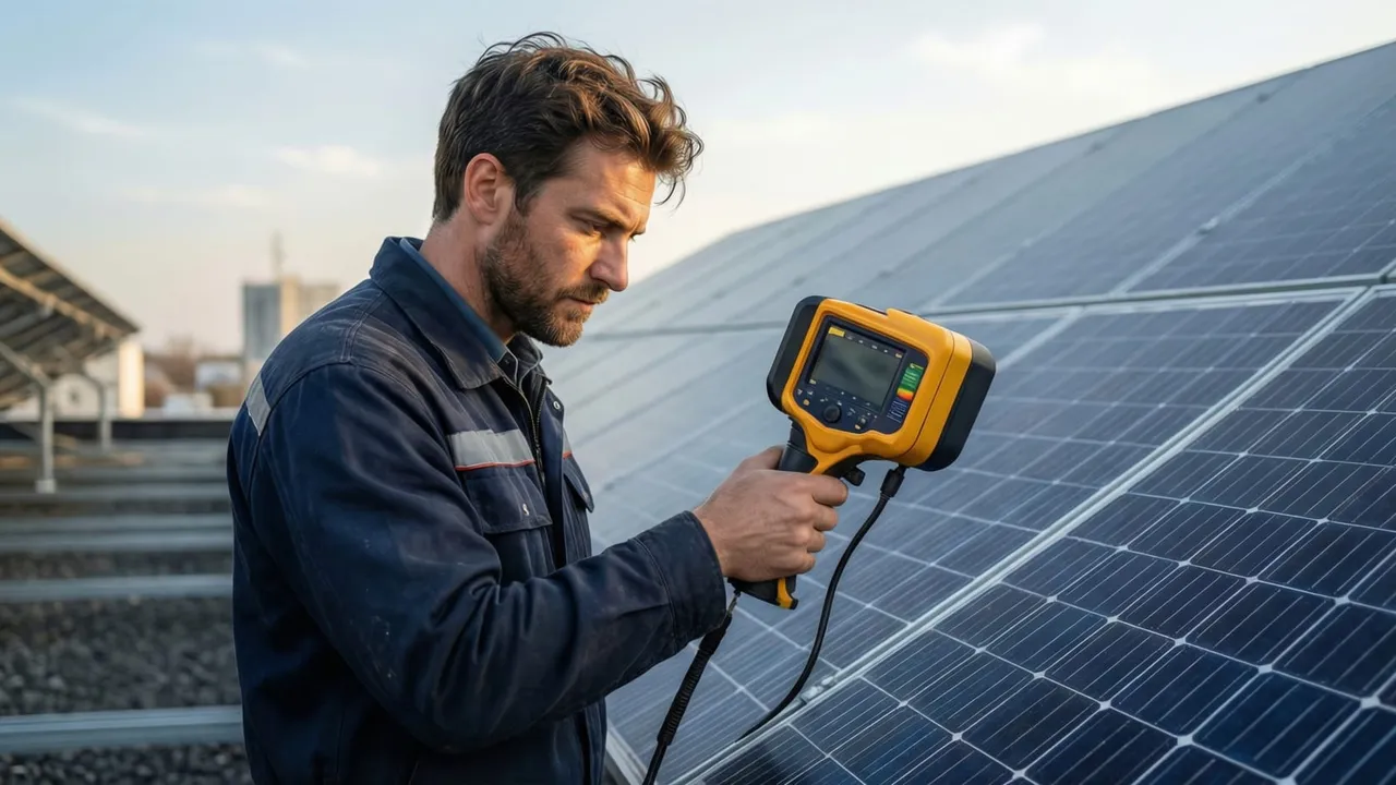Técnico inspecionando painéis solares no telhado com câmera termográfica