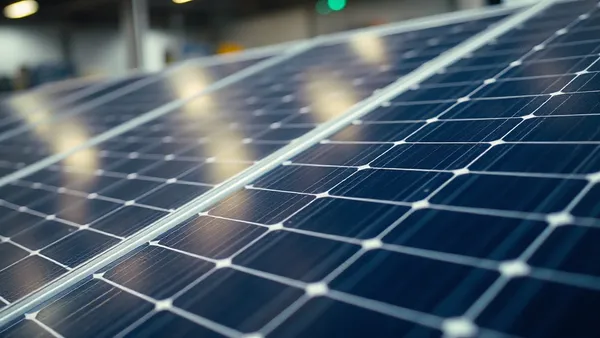 Módulo solar fotovoltaico em close mostrando células TOPCon com detalhe de encapsulante e metalização