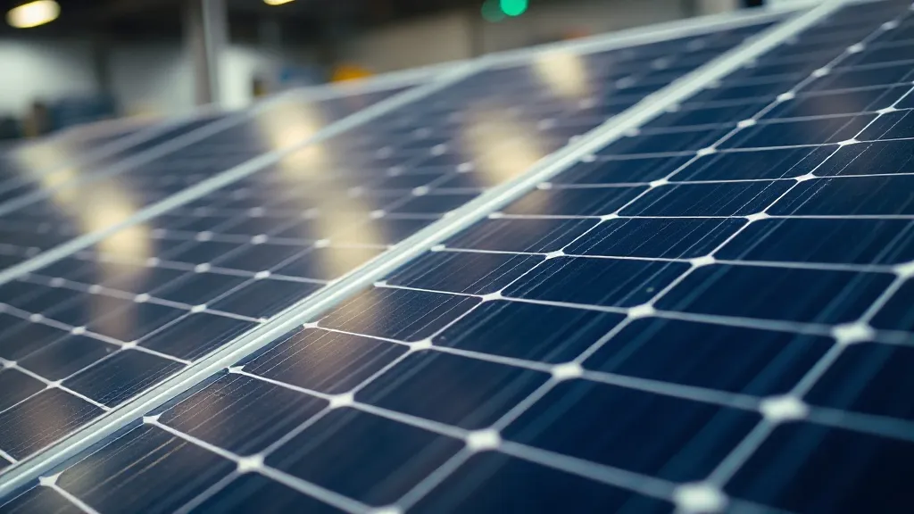 Módulo solar fotovoltaico em close mostrando células TOPCon com detalhe de encapsulante e metalização