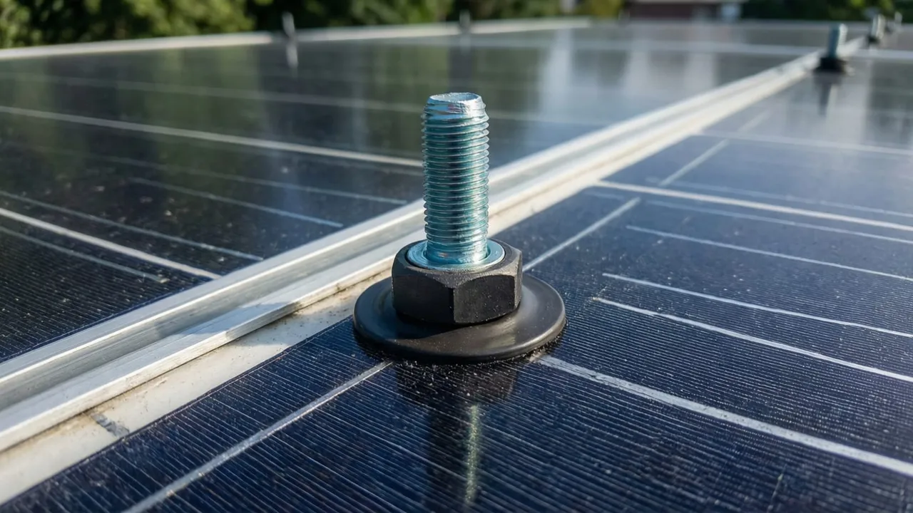 Detalhe de parafuso com arruela de vedação EPDM fixado em telha metálica de sistema solar