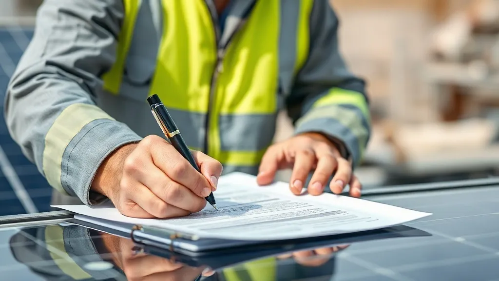 Engenheiro assinando documento de responsabilidade técnica ao lado de sistema solar em instalação
