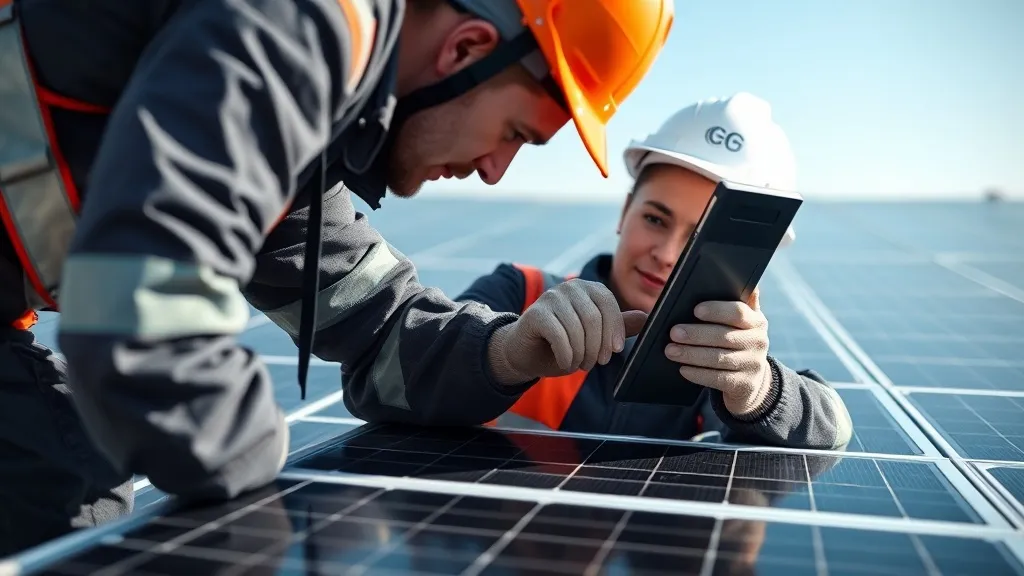 Técnico eletricista medindo tensão em painel solar com multímetro durante comissionamento de sistema fotovoltaico