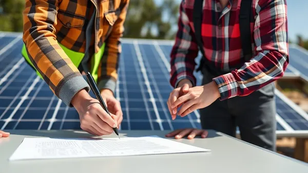 Pessoa assinando contrato de instalação de sistema solar fotovoltaico em mesa com documentos e caneta