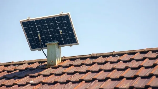Estrutura metálica de fixação de painel solar em telhado com pontos de ferrugem visíveis nos parafusos de aço