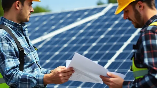 Instalador solar comparando documentos de orçamento em mesa com tablet e propostas impressas, analisando critérios técnicos de contratação