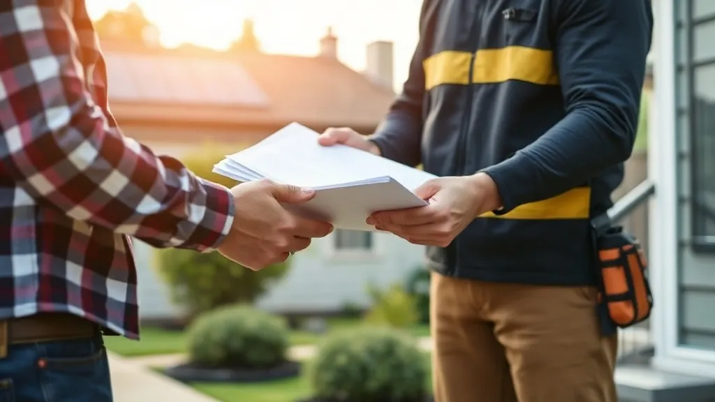 Instalador solar entregando uma pasta com documentos da obra ao proprietário da casa