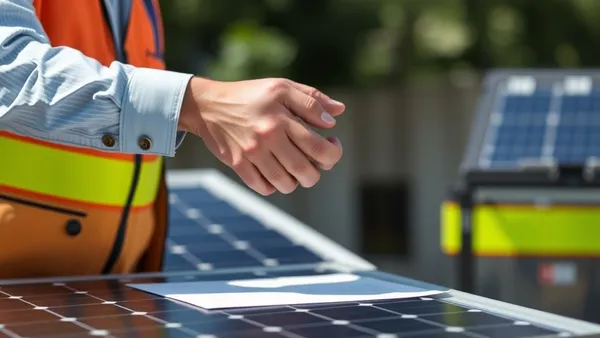 Aperto de mãos entre cliente e instalador solar em frente a telhado com painéis fotovoltaicos