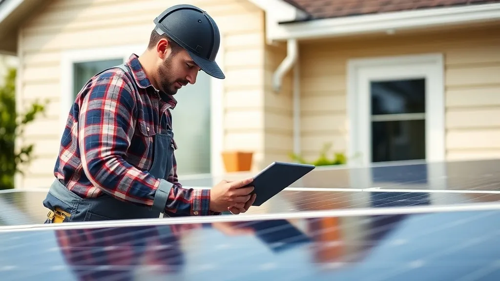 Técnico solar em uniforme realizando avaliação em telhado residencial com prancheta e trena, identificando pontos de fixação dos módulos