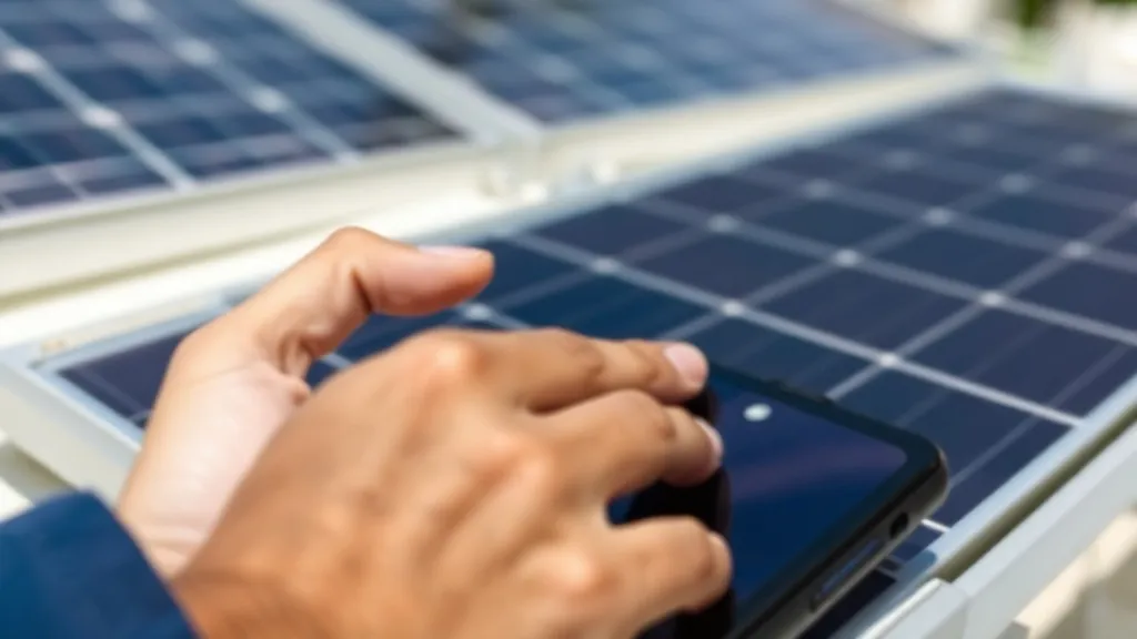 Pessoa segurando smartphone com tela de pagamento Pix em frente a telhado com painéis solares instalados