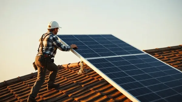 Homem instalando painel solar sozinho no telhado residencial com ferramentas, sem equipe de instaladores
