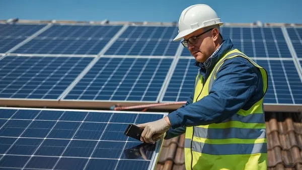 Engenheiro inspecionando estrutura de telhado para instalação de painéis solares fotovoltaicos