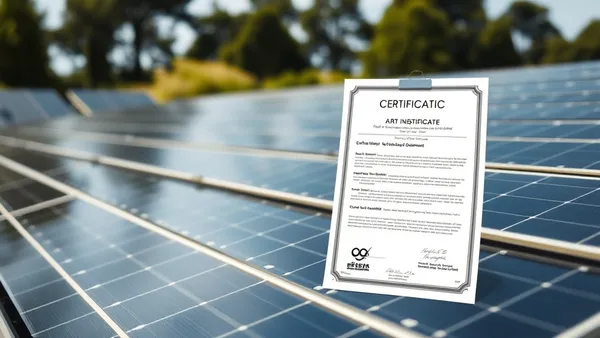 Pasta técnica com documentos de instalação solar fotovoltaica sobre mesa, incluindo ART, diagrama unifiliar e relatório de comissionamento