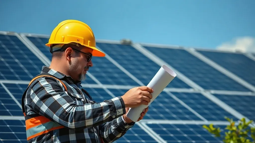 Instalador analisando desenho elétrico de um sistema fotovoltaico