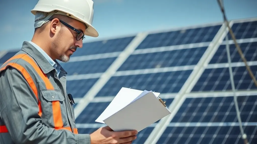 Técnico solar conferindo documentos em prancheta ao lado de instalação de painéis
