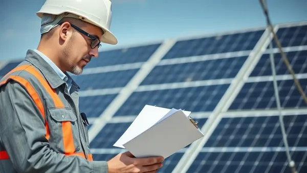 Técnico solar conferindo documentos em prancheta ao lado de instalação de painéis