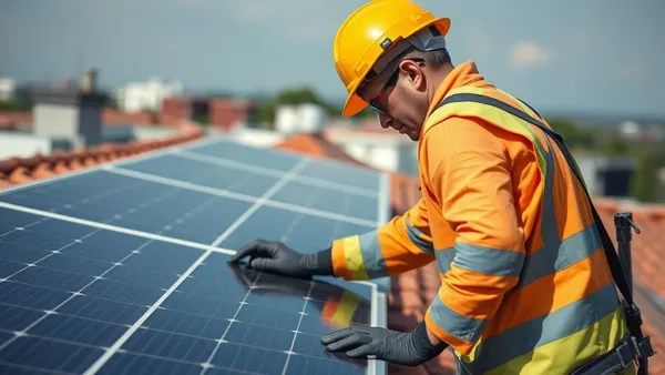 Trabalhador instalando painéis solares fotovoltaicos no telhado de uma residência