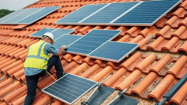 Telhado residencial com painéis solares parcialmente removidos durante reforma de telha