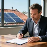 Homem assinando documento em uma mesa, com painéis solares no telhado visíveis pela janela