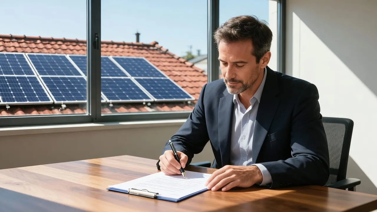 Homem assinando documento em uma mesa, com painéis solares no telhado visíveis pela janela