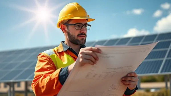 Engenheiro analisando planta elétrica de projeto fotovoltaico sobre mesa com laptop e esquemas de diagrama unifilar