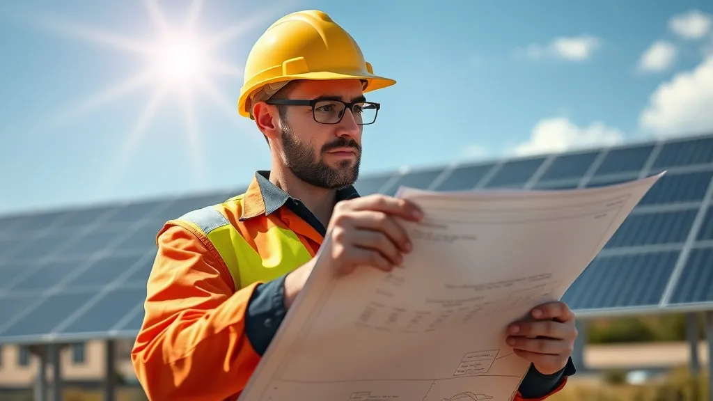 Engenheiro analisando planta elétrica de projeto fotovoltaico sobre mesa com laptop e esquemas de diagrama unifilar