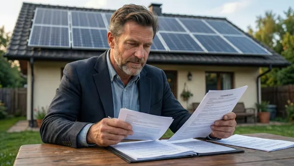 Consumidor analisando contrato de instalação com painéis solares ao fundo