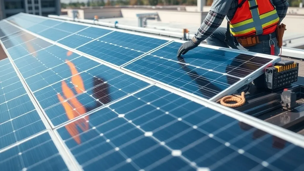 Trabalhador instalando painéis solares no telhado com equipamento de segurança, representando seguro de obra na instalação fotovoltaica