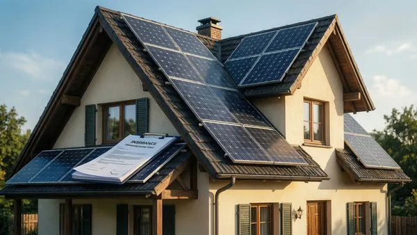 Documento de apólice de seguro sobre mesa com casa e painéis solares no telhado ao fundo
