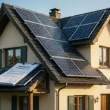 Documento de apólice de seguro sobre mesa com casa e painéis solares no telhado ao fundo