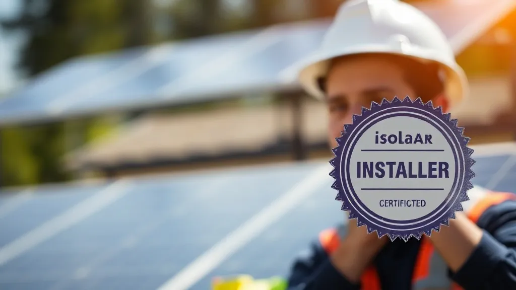Técnico instalador solar com placa de certificação verificando painéis fotovoltaicos em telhado residencial