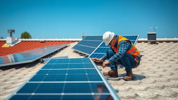 Técnico inspecionando telhado de fibrocimento antes de instalar sistema solar, com equipamentos de proteção individual