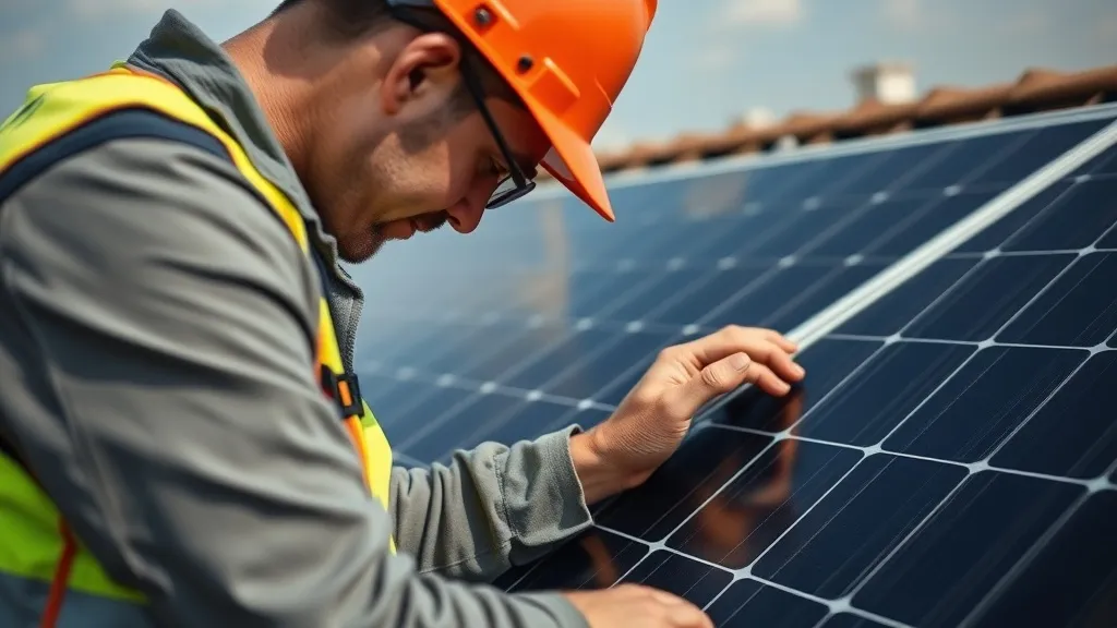 Técnico conferindo a etiqueta de identificação de um painel solar no telhado