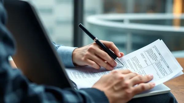 Pessoa pesquisando o histórico de uma empresa no notebook com documentos sobre a mesa
