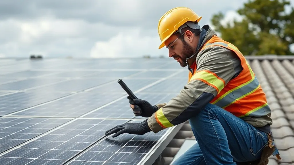 Instalador solar realizando visita técnica ao telhado com prancheta e equipamentos de medição