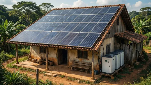 Casa isolada em área rural do Brasil com painéis solares e banco de baterias substituindo gerador a diesel